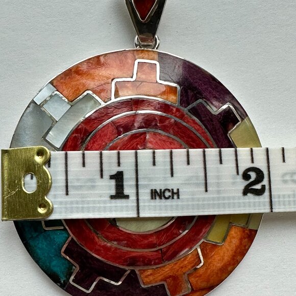 Peruvian 950 Sterling Silver Mosaic Pendant 2” | Turquoise Mother of Pearl Inlay - Picture 7 of 13